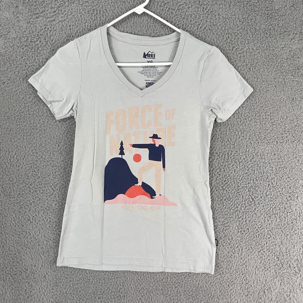 REI Co-op Force of Nature Graphic T-Shirt Womens XS Gray Excellent V-Neck Tee‎